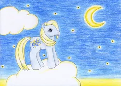 Size: 1024x726 | Tagged: artist:normaleeinsane, cloud, derpibooru import, g3, moon, moondancer (g3), safe, solo, stars, traditional art