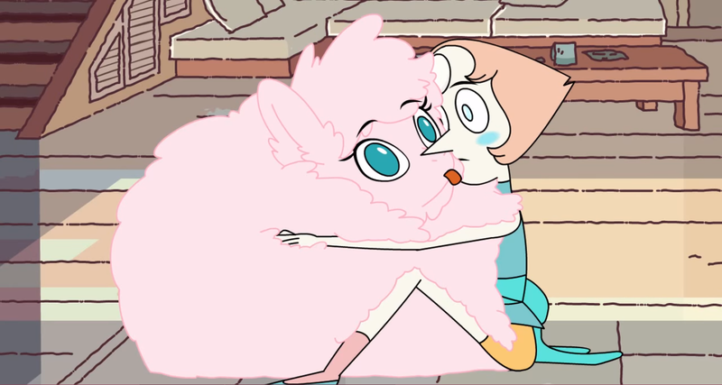 Size: 1366x729 | Tagged: artist:mixermike622, blushing, crossover, cute, derpibooru import, hug, human, oc, oc:fluffle puff, out of context, pearl (steven universe), poofle universe, safe, steven universe