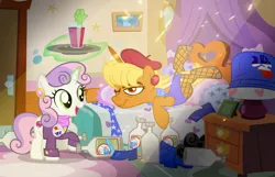Size: 1036x666 | Tagged: alcohol, artist:pixelkitties, bagpipes o'toole, bloody mary, cigar, clothes, crusaders of the lost mark, derpibooru import, duo, fishnets, food, hangover, leotard, ms. harshwhinny, safe, scotch, sweetie belle, votehorse