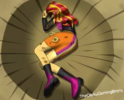 Size: 997x802 | Tagged: safe, artist:theotakugamingbrony, derpibooru import, sunset shimmer, equestria girls, dragon ball z, image, png, yamcha'd, yamcha's death pose