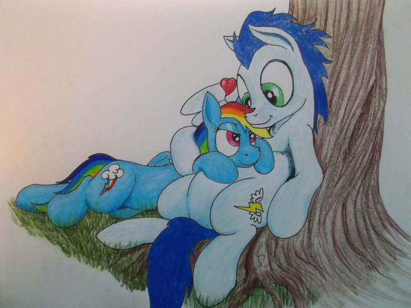 Size: 1024x768 | Tagged: safe, artist:scribblepwn3, derpibooru import, rainbow dash, soarin', pony, female, heart, male, old cutie mark, shipping, soarindash, straight, traditional art, tree