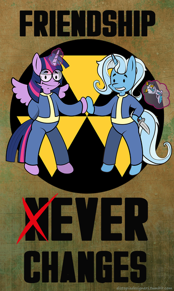 Size: 768x1280 | Tagged: safe, artist:lima-hibiki, derpibooru import, trixie, twilight sparkle, twilight sparkle (alicorn), alicorn, pony, clothes, fallout, female, mare, parody, vault boy, vault suit, videogame meme, war never changes