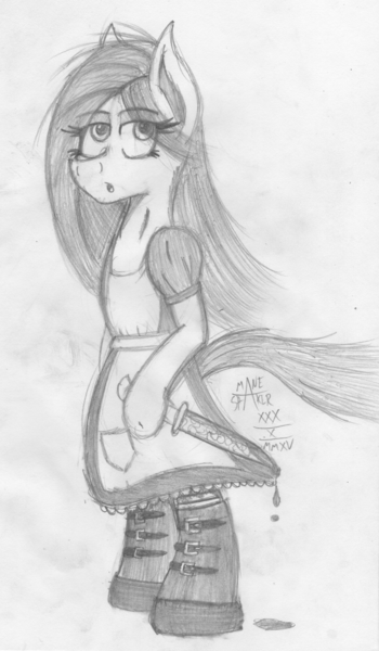 Size: 1024x1757 | Tagged: alice, alice madness returns, american mcgee's alice, artist:mane-shaker, crossover, derpibooru import, knife, monochrome, pinkamena diane pie, pinkie pie, semi-grimdark, solo, traditional art