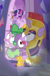 Size: 840x1280 | Tagged: semi-grimdark, artist:dm29, derpibooru import, spike, twilight sparkle, twilight sparkle (alicorn), alicorn, pony, scare master, armor, athena sparkle, blood, child's play, chucky, clothes, costume, duo, female, halloween, halloween costume, holiday, implied murder, knife, mare, nightmare night, skirt