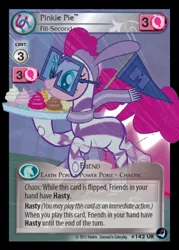 Size: 358x500 | Tagged: ccg, clothes, costume, cupcake, derpibooru import, enterplay, fili-second, food, glasses, high magic, merchandise, pinkie pie, power ponies, power ponies (episode), running, safe, smiling, solo