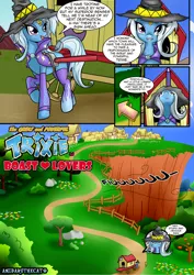 Size: 1860x2622 | Tagged: safe, artist:anibaruthecat, derpibooru import, trixie, pony, unicorn, comic:boast lovers, :3, :<, bedroom eyes, cloak, clothes, comic, eyeshadow, female, hat, horn, horn ring, makeup, mare, open mouth, ponyville, raised hoof, ring, smiling, socks, solo, stockings, thigh highs, trixie's wagon, unamused, walking