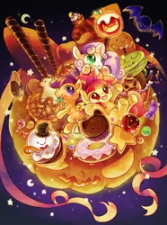 Size: 960x1290 | Tagged: adorabloom, apple bloom, artist:notatoron, candy, caramel apple (food), colored pupils, cute, cutealoo, cutie mark crusaders, derpibooru import, diasweetes, food, halloween, holiday, jack-o-lantern, pixiv, ponies in food, pumpkin, safe, scootaloo, sweetie belle