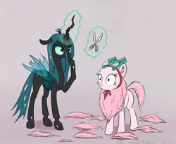 Size: 720x589 | Tagged: safe, artist:el-yeguero, derpibooru import, queen chrysalis, velvet reindeer, oc, oc:fluffle puff, changeling, changeling queen, deer, pony, reindeer, them's fightin' herds, clothes, comb, community related, cosplay, costume, ear fluff, female, haircut, hairless, magic, mare, scissors, telekinesis