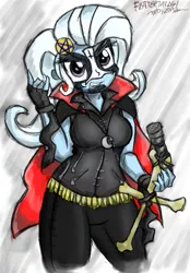 Size: 1093x1567 | Tagged: safe, artist:flutterthrash, derpibooru import, trixie, equestria girls, bone, cape, clothes, costume, devil horn (gesture), halloween, heavy metal, holiday, king diamond, makeup, microphone, nightmare night, rock, solo