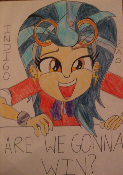 Size: 993x1413 | Tagged: safe, artist:blazingdazzlingdusk, derpibooru import, indigo zap, equestria girls, friendship games, are we gonna win?, crystal prep academy, crystal prep shadowbolts, cute, drawing, happy, smiling, traditional art, zapabetes