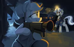 Size: 6297x4013 | Tagged: absurd resolution, artist:dimfann, clothes, crying, derpibooru import, dress, duo, fallout equestria, fallout equestria: the things we've handed down, fanfic art, floppy ears, grenade launcher, gun, handgun, looking at each other, magic, oc, oc:leaky faucet, oc:plum pudding, pipbuck, pistol, sad, safe, scenery, smiling, telekinesis, town, unofficial characters only, vault suit, weapon