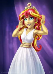 Size: 1080x1500 | Tagged: safe, artist:kp-shadowsquirrel, derpibooru import, sunset shimmer, equestria girls, equestria girls (movie), armpits, clothes, crown, dress, ear piercing, earring, fall formal, fall formal outfits, jewelry, lipstick, piercing, realistic, regalia, scene interpretation, smiling, solo, sunset shimmer's prom queen photos, when she smiles