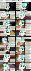 Size: 1282x2947 | Tagged: safe, derpibooru import, coco pommel, earth pony, pony, comic:celestia's servant interview, book, bulletin board, caption, comic, cs captions, fabric, female, hoof in mouth, interview, manehattan, mare, solo
