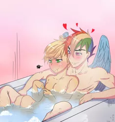 Size: 1024x1091 | Tagged: suggestive, artist:marima15, derpibooru import, applejack, rainbow dash, human, appleblitz (straight), appledash, bath, bathtub, bedroom eyes, blushing, breasts, bubble, busty applejack, cleavage, cuddling, female, freckles, frown, glare, half r63 shipping, heart, humanized, lesbian, male, nudity, rainbow blitz, rule 63, shipping, smiling, smirk, snuggling, straight, tsundere, tsunjack, winged humanization, wings