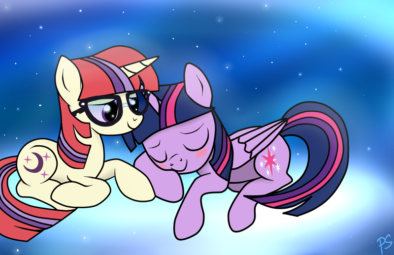 Size: 1580x1024 | Tagged: safe, artist:pinkamenascratch, derpibooru import, moondancer, twilight sparkle, twilight sparkle (alicorn), alicorn, pony, female, lesbian, mare, shipping, twidancer