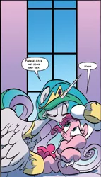 Size: 584x1024 | Tagged: bedroom eyes, caption, chef's hat, derpibooru import, edit, eye contact, female, hat, idw, image macro, lesbian, looking at each other, meme, official comic, pinkielestia, pinkie pie, princess celestia, sad sex, shipping, spoiler:comic, spoiler:comicff22, spread wings, suggestive, text, wings