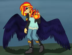 Size: 4063x3155 | Tagged: safe, artist:catlover1672, derpibooru import, sunset shimmer, bird, human, raven (bird), equestria girls, angry, black sclera, fiery shimmer, fire, humanized, magic, solo, transformation, winged humanization, wings