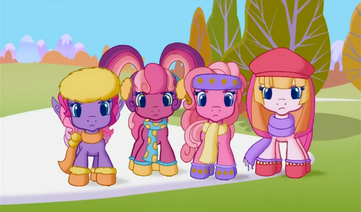 Size: 740x435 | Tagged: bandana, cheerilee (g3), clothes, derpibooru import, earmuffs, g3.5, hat, looking at you, pinkie pie (g3), safe, scarf, screencap, snow, starsong, toola roola, twinkle wish adventure, upset