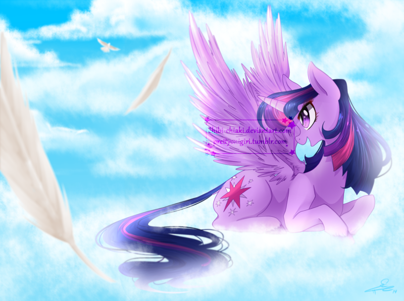 Size: 1000x746 | Tagged: safe, artist:chokico, derpibooru import, twilight sparkle, twilight sparkle (alicorn), alicorn, pony, cloud, feather, female, mare, prone, solo, watermark