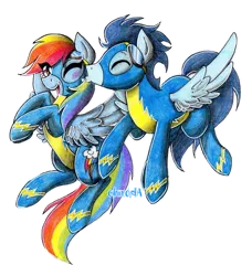 Size: 2113x2316 | Tagged: safe, artist:cihiiro, derpibooru import, rainbow dash, soarin', pony, blushing, clothes, female, kissing, male, mid-flight, one eye closed, open mouth, shipping, signature, simple background, soarindash, straight, transparent background, uniform, wonderbolts uniform