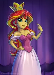 Size: 1440x2000 | Tagged: safe, artist:kp-shadowsquirrel, derpibooru import, sunset shimmer, equestria girls, equestria girls (movie), clothes, crown, dress, ear piercing, earring, fall formal, fall formal outfits, jewelry, lipstick, piercing, regalia, solo, sunset shimmer's prom queen photos