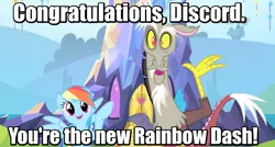 Size: 800x428 | Tagged: caption, derpibooru import, dialogue, discord, edit, edited screencap, image macro, meme, new rainbow dash, rainbow dash, safe, screencap, text, the return of harmony, twilight's castle, waving, what about discord?