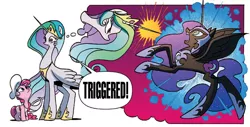 Size: 809x412 | Tagged: artist:jay fosgitt, chef's hat, derpibooru import, edit, eye, hat, idw, long neck, meme, nightmare moon, open mouth, pinkie pie, princess celestia, ptsd, sad, safe, snakelestia, spoiler:comic, spoiler:comicff22, spread wings, swanlestia, thought bubble, triggered, wide eyes, wings