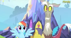 Size: 1242x666 | Tagged: safe, derpibooru import, screencap, discord, rainbow dash, draconequus, pegasus, pony, what about discord?, cute, dashabetes, discute, female, grin, looking at you, mare, quadrupedal, smiling, spread wings, squee, wings