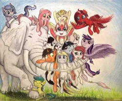 Size: 982x814 | Tagged: safe, artist:thefriendlyelephant, derpibooru import, oc, oc:adena emberheart, oc:angelic grace (a.k.a bliss), oc:candy apple, oc:coconut cake, oc:digital sketch, oc:moonlight blossom, oc:obi, oc:two-tailed derpy, oc:whooves, unofficial characters only, cat, dracony, dragon, earth pony, elephant, hybrid, pegasus, pony, grass, group hug, group photo, group picture, hug, traditional art, trunkhug