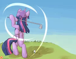 Size: 2400x1850 | Tagged: safe, artist:alasou, deleted from derpibooru, derpibooru import, twilight sparkle, twilight sparkle (alicorn), alicorn, pony, bipedal, butt, female, frog (hoof), golf, golf ball, golf club, hat, hoof hold, mare, patreon, patreon logo, plot, solo, sports, underhoof