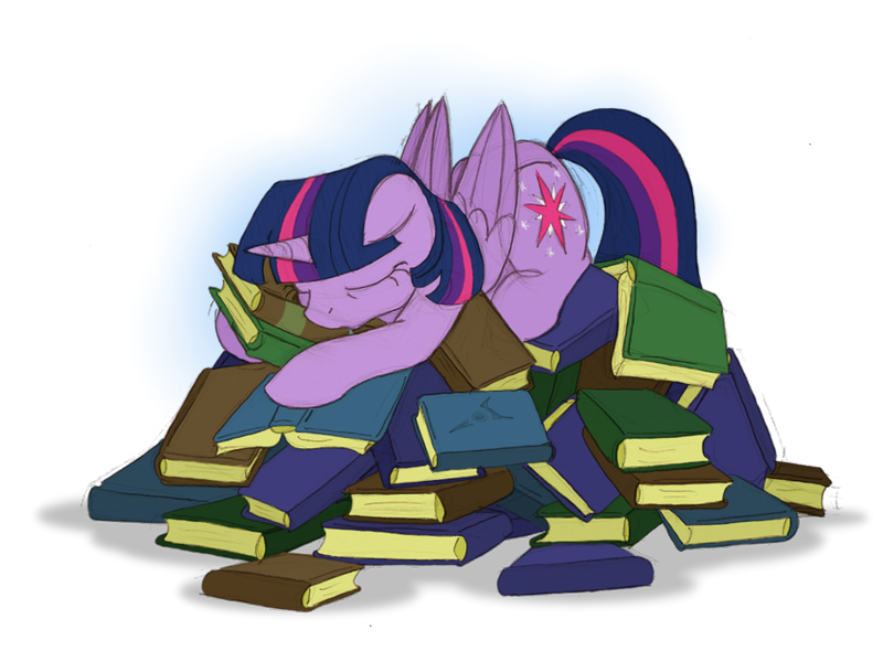 Size: 945x697 | Tagged: safe, artist:ravenpuff, deleted from derpibooru, derpibooru import, twilight sparkle, twilight sparkle (alicorn), alicorn, pony, princess spike (episode), book, book nest, female, mare, princess sleeping on books, prone, scene interpretation, sleeping, solo, that pony sure does love books