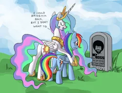 Size: 910x700 | Tagged: safe, artist:ponykillerx, derpibooru import, edit, princess celestia, rainbow dash, alicorn, pegasus, pony, bitchlestia, bob ross, butt, celestia's grave meme, exploitable meme, female, implied death, mare, meme, memorial, plot, twitch.tv