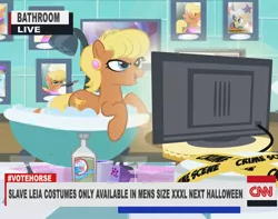Size: 800x630 | Tagged: alcohol, artist:pixelkitties, bagpipes o'toole, bath, bathroom, bathtub, butt, cable news network, claw foot bathtub, cnn, derpibooru import, food, mayor mare, missing accessory, ms. harshwhinny, plot, safe, scotch, television, votehorse
