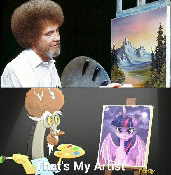 Size: 1000x1024 | Tagged: alicorn, art, bob ross, derpibooru import, discord, discord's painting, discovery family logo, draconiross, exploitable meme, human, irl, irl human, meme, photo, safe, screencap, that's my x, the joy of painting, twilight sparkle, twilight sparkle (alicorn), what about discord?