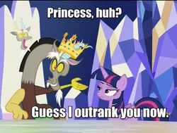 Size: 1430x1080 | Tagged: safe, derpibooru import, screencap, discord, twilight sparkle, twilight sparkle (alicorn), alicorn, pony, what about discord?, caption, crown, discovery family logo, female, friendship throne, image macro, jewelry, king, king discord, mare, meme, regalia, text, throne, unamused