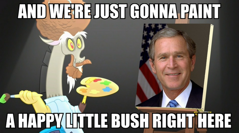 Size: 896x500 | Tagged: art, bob ross, caption, derpibooru import, dialogue, discord, discord's painting, draconiross, edit, edited screencap, exploitable meme, george w. bush, image macro, meme, pun, safe, screencap, text, visual pun, what about discord?