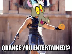 Size: 610x458 | Tagged: are you not entertained?, caption, derpibooru import, discord, flutterrange, fluttershy, food, gladiator, image macro, inanimate tf, meme, orange, orangified, pun, safe, text, transformation, what about discord?