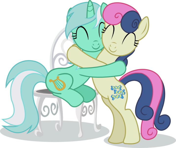 Size: 1074x900 | Tagged: safe, artist:seahawk270, derpibooru import, bon bon, lyra heartstrings, sweetie drops, pony, slice of life (episode), background pony, best friends, bipedal, chair, eyes closed, female, hug, lesbian, lyrabon, shipping, simple background, sitting, transparent background, vector