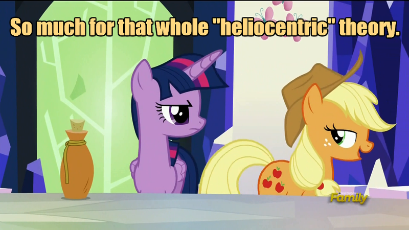 Size: 960x540 | Tagged: safe, derpibooru import, screencap, applejack, twilight sparkle, twilight sparkle (alicorn), alicorn, pony, what about discord?, caption, discovery family logo, female, heliocentric theory, image macro, mare, meme, text