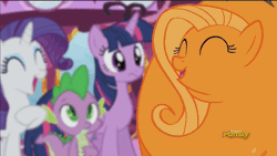Size: 1920x1080 | Tagged: safe, derpibooru import, screencap, fluttershy, rarity, spike, twilight sparkle, twilight sparkle (alicorn), alicorn, pony, what about discord?, animated, discovery family logo, double chin, female, flutterrange, food, inanimate tf, laughing, loop, mare, orange, orangified, transformation