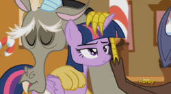 Size: 634x351 | Tagged: safe, derpibooru import, screencap, discord, twilight sparkle, twilight sparkle (alicorn), alicorn, pony, what about discord?, animated, boing, discovery family logo, female, floppy horn, horn, horn flick, mare, petting