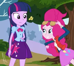 Size: 1024x910 | Tagged: dead source, safe, artist:angelitus01, derpibooru import, pinkie pie, twilight sparkle, twilight sparkle (alicorn), alicorn, equestria girls, what about discord?, back to the future, clothes, duo, equestria girls interpretation, marty mcfly, pinkie klein, pinkie mcpie, reference, scene interpretation, skirt, sunglasses, that was fast