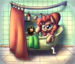 Size: 965x828 | Tagged: artist:leadhooves, bath, bathroom, derpibooru import, don't hug me i'm scared, edit, gummy, photobomb, pinkie pie, robin crowe, safe