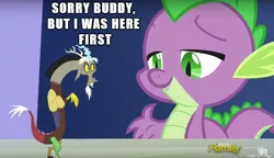 Size: 610x351 | Tagged: burn, caption, derpibooru import, discord, discovery family logo, image macro, meme, safe, screencap, shrunk, spike, text, what about discord?