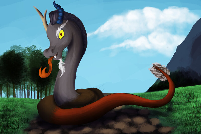 Size: 1024x683 | Tagged: safe, artist:xormak, derpibooru import, discord, snake, what about discord?, hisscord, sneakysnake, solo, tongue out