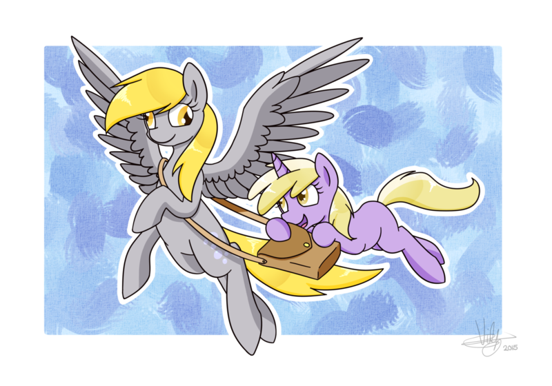 Size: 1280x896 | Tagged: safe, artist:violyre, derpibooru import, derpy hooves, dinky hooves, pegasus, pony, equestria's best mother, female, flying, holding, mare, satchel, simple background, transparent background