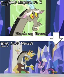 Size: 1077x1297 | Tagged: safe, derpibooru import, screencap, discord, twilight sparkle, twilight sparkle (alicorn), alicorn, pony, twilight's kingdom, what about discord?, crown, discovery family, discovery family logo, female, jewelry, king discord, mare, regalia