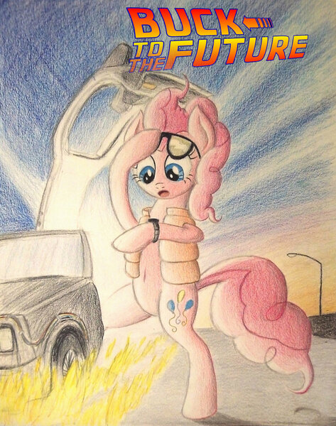 Size: 794x1007 | Tagged: safe, artist:thefriendlyelephant, derpibooru import, pinkie pie, earth pony, pony, what about discord?, back to the future, clothes, crossover, delorean, fire, lamppost, pinkie mcpie, solo, sunglasses, time machine, traditional art, vehicle, vest, watch, wires