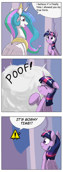 Size: 1737x4737 | Tagged: safe, derpibooru import, princess celestia, twilight sparkle, twilight sparkle (alicorn), alicorn, pony, boshytime, celestia's true form, comic, exploitable meme, female, forced meme, i wanna be the boshy, mare, meme