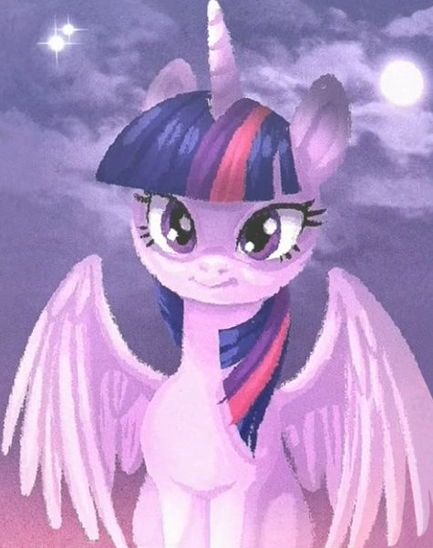 Size: 528x667 | Tagged: safe, artist:caramelbunnies, artist:discord, derpibooru import, edit, twilight sparkle, twilight sparkle (alicorn), alicorn, pony, what about discord?, art, cute, discord's painting, exploitable meme, female, looking at you, mare, meme, moon, night, sitting, sky, smiling, solo, spread wings, stars, twiabetes, wings